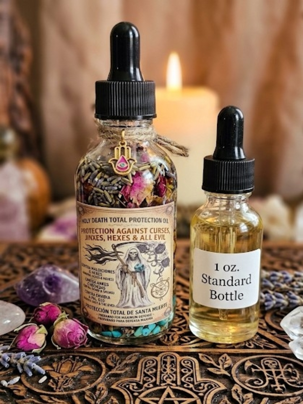 Santa Muerte Protection Oil 3 oz | Crystal Infused | Wearable Ritual Oil | Prote